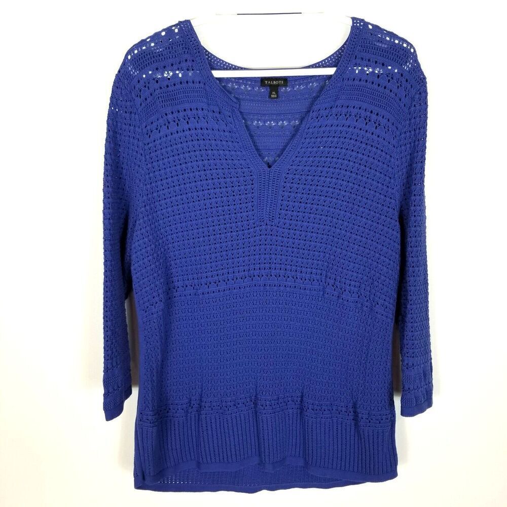 Talbots Women Cotton 3/4 Sleeve Pullover Crochet V-Neck Sweater Size XL Blue